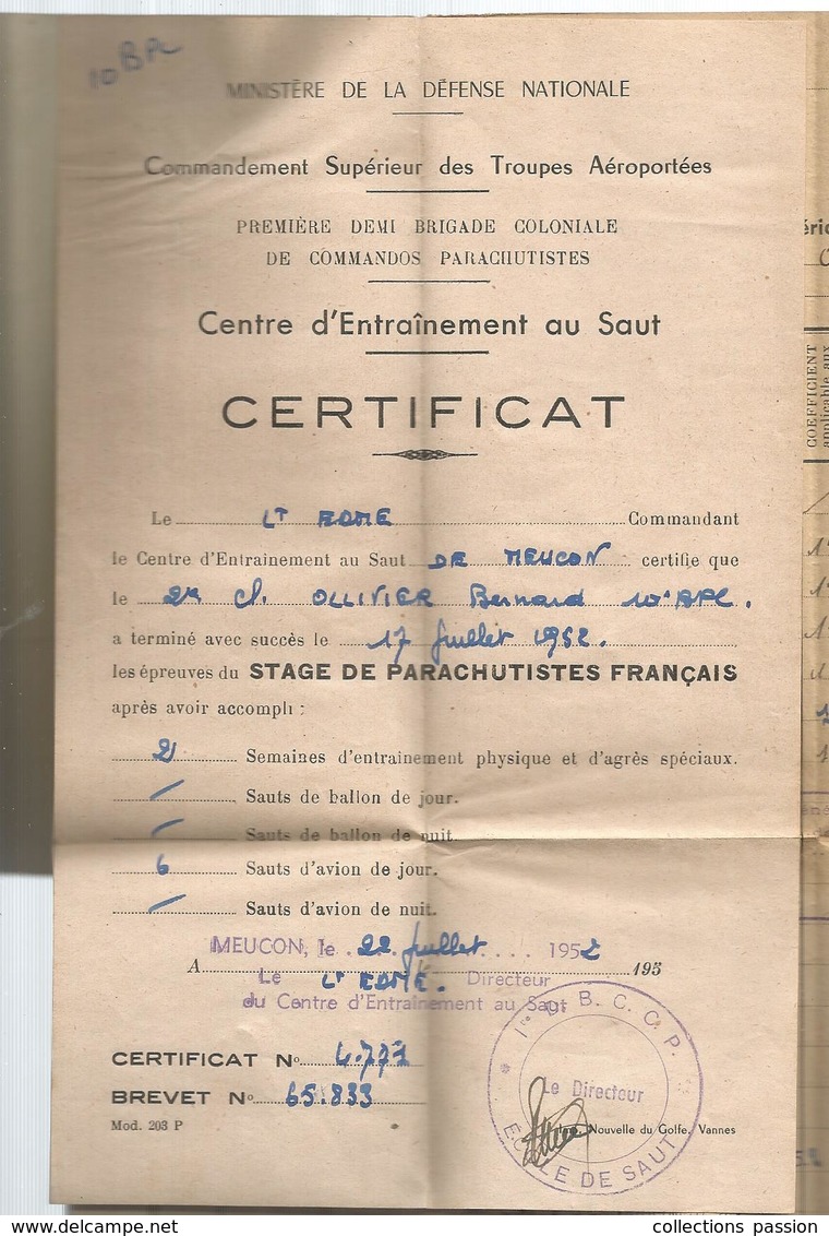 carnet de stage de parachutistes,militaria,  commandos parachutistes , 9 scans, 1952, frais fr 3.75 e