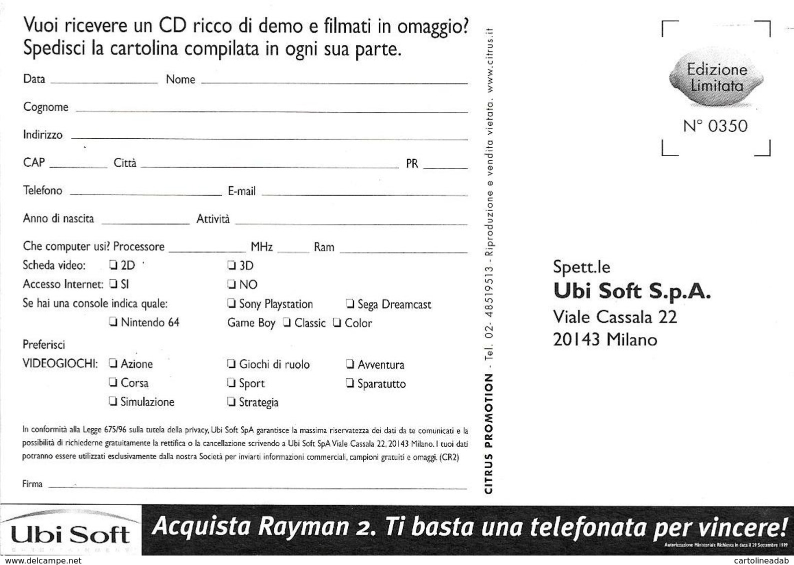 [MD2607] CPM - FUMETTI - RAYMAN 2 THE GREAT ESCAPE - CITRUS PROMOTION 0350 - EDIZIONE LIMITATA - Non Viaggiata - Fumetti