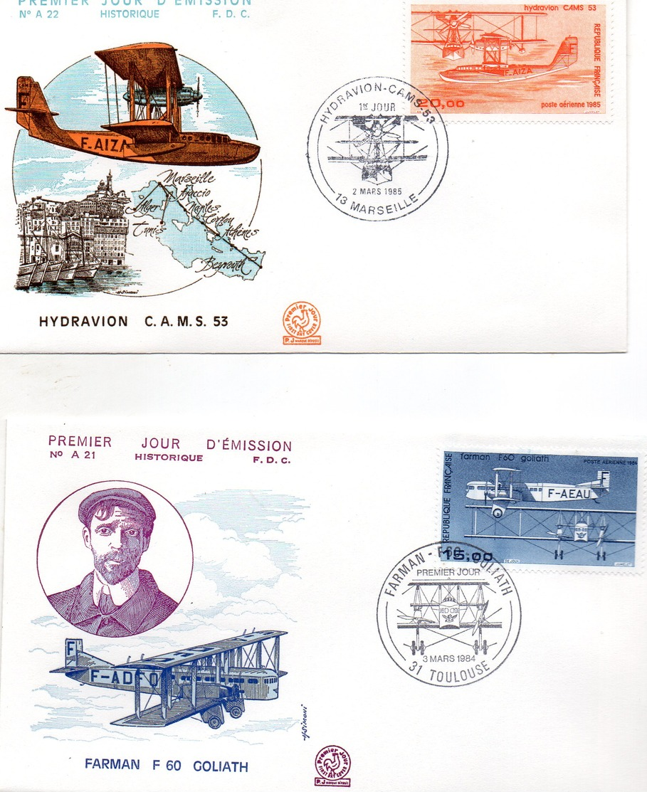 Lot De 4 Enveloppes 1ER JOUR   Theme Aviation WIBAULT  .DEWOITINE 338.   HYDRAVION  FARMAN F 60 ANNEE 1985.86.84.87 - Airplanes