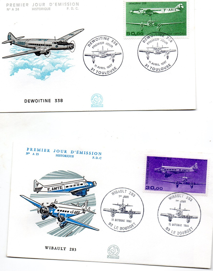 Lot De 4 Enveloppes 1ER JOUR   Theme Aviation WIBAULT  .DEWOITINE 338.   HYDRAVION  FARMAN F 60 ANNEE 1985.86.84.87 - Avions