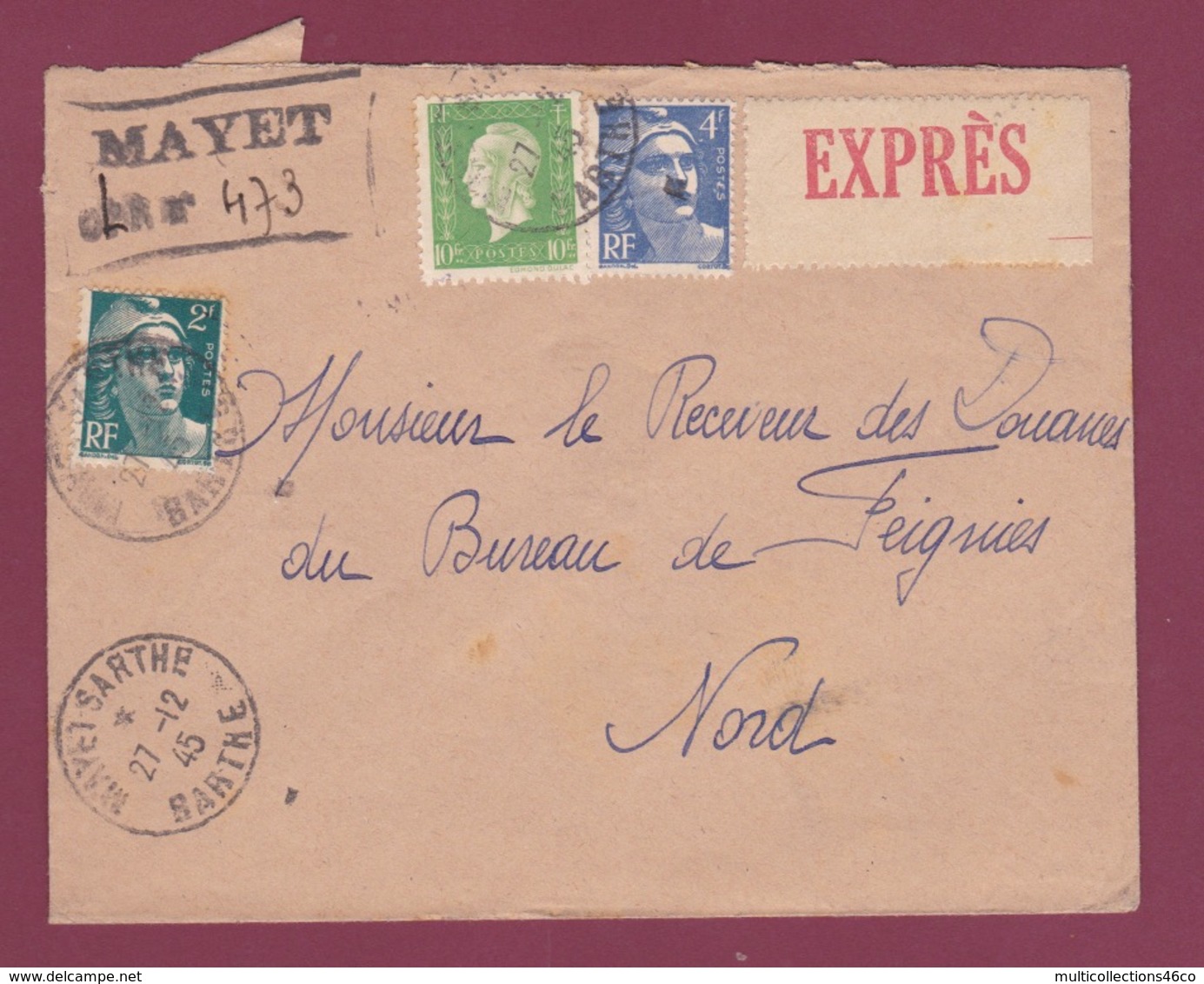 230119 - Lettre RECOMMANDEE PROVISOIRE EXPRES MAYET Sur SARTHE  1945 Marianne De DULAC - 1921-1960: Période Moderne