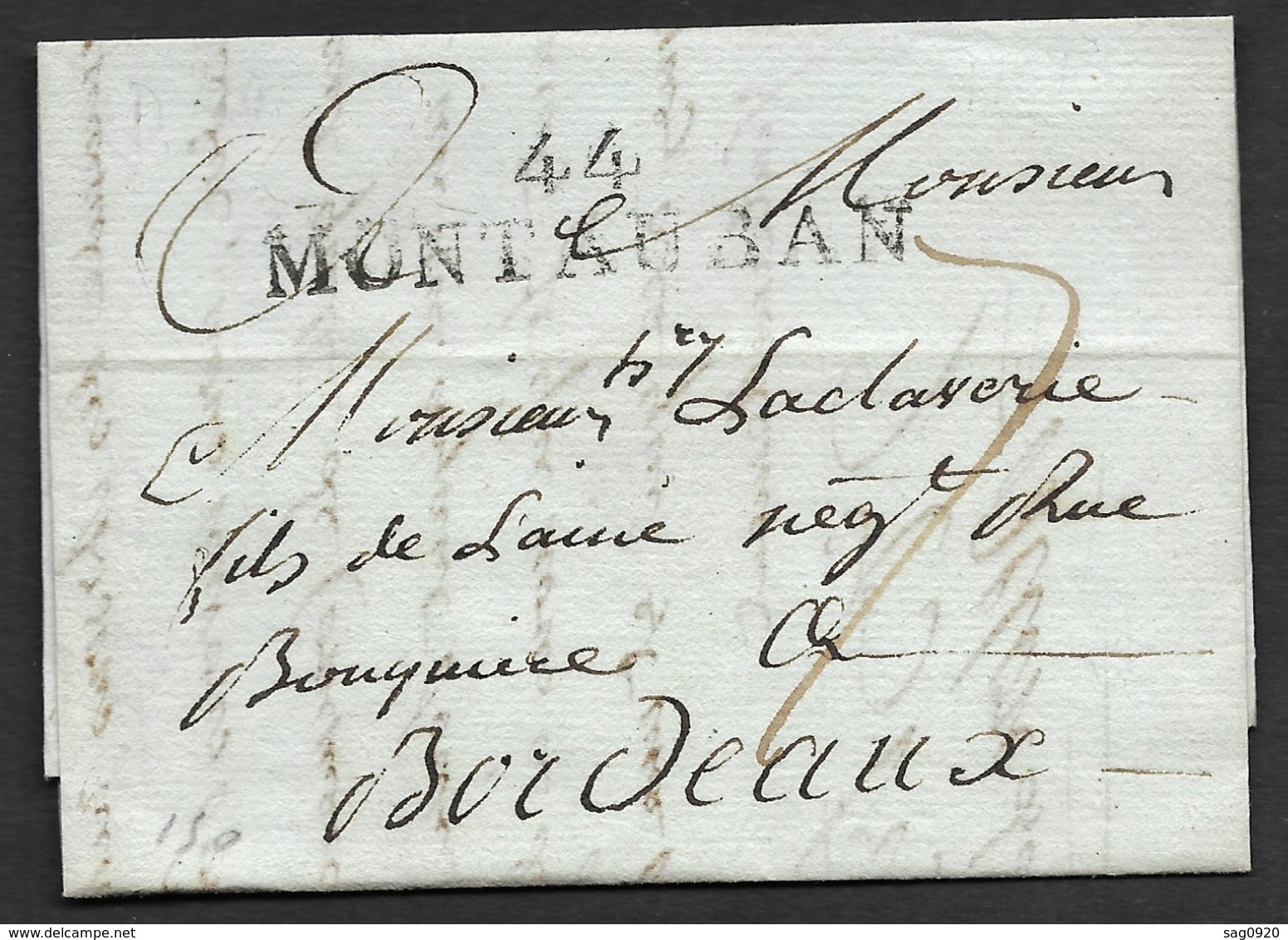 Lot-Lettre Avec Marque Liéaire 44 MONTAUBAN (58*12)-Pour Bordeaux - 1701-1800: Vorläufer XVIII