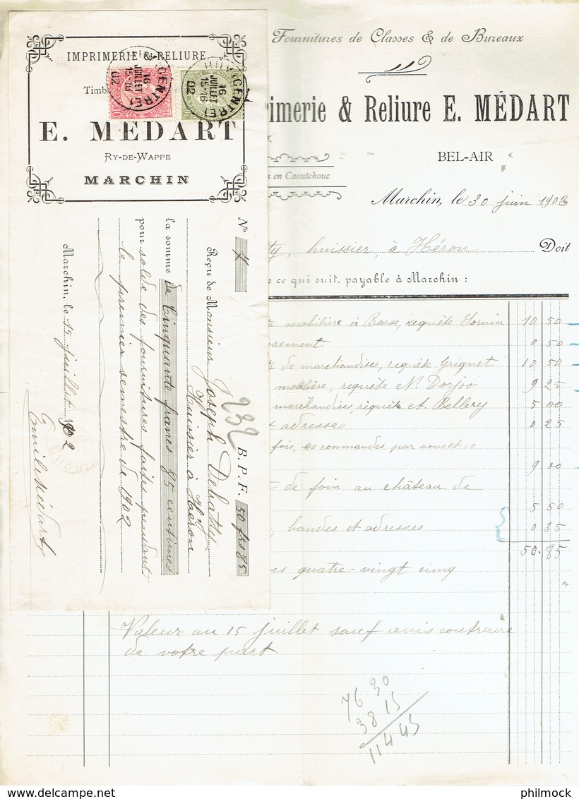 M-Facture Imprimerie Médart - Obl Huy-centre Le 16-Juillet-1902 Sur 58 Et 59 Vers Héron - 1900 – 1949