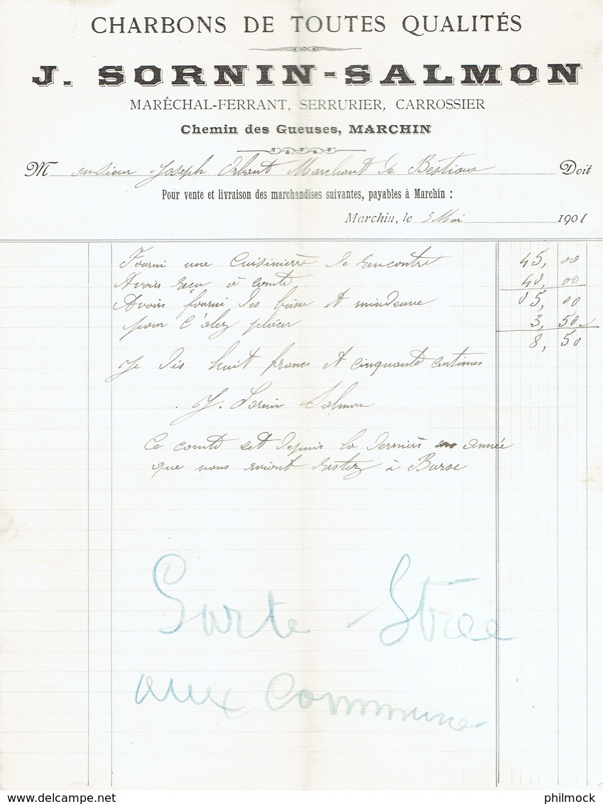 M-Facture J.Sornin-Salmon Maréchal-ferrant,serrurier,carrossier A Marchin Le 3-Mai-1901 - Artigianato
