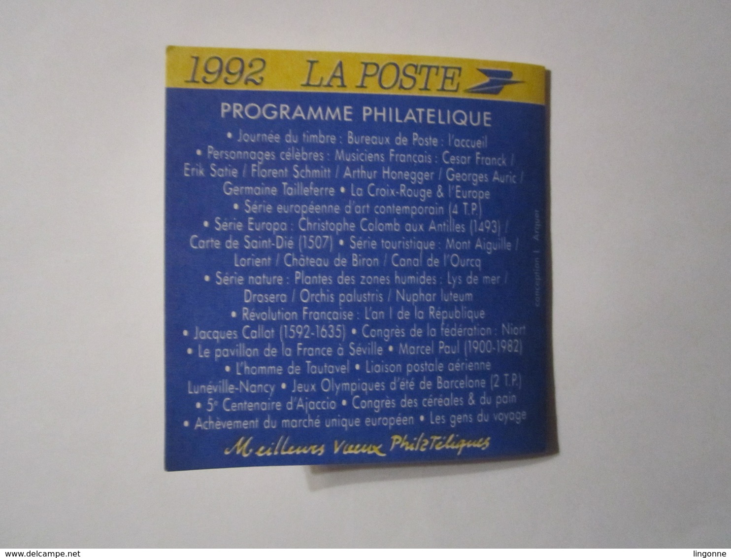 1992 PETIT CALENDRIER EN 2 VOLETS LA POSTE PROGRAMME PHILATÉLIQUE - Petit Format : 1991-00