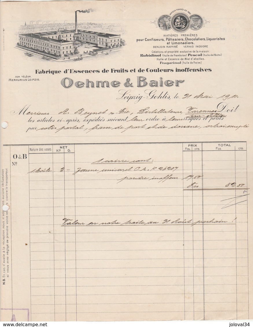 Allemagne Facture Illustrée 31/5/1910 OEHME & BAIER Essence De Fruits Et Couleurs Pour Confiseur Chocolatier LEIPZIG - 1900 – 1949