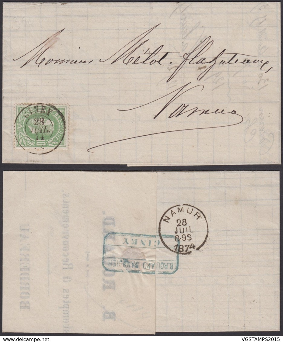 BELGIQUE COB 30 SUR LETTRE DE CYNEY 28/07/1874 VERS NAMUR (VG) DC-1706 - 1869-1883 Leopold II