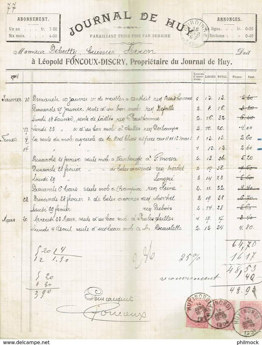 M-Facture Journal De Huy - Obli Huy (Nord) Le 14-Avril-1904 Par Burdinne Vers Héron Sur 58x3 - 1800 – 1899