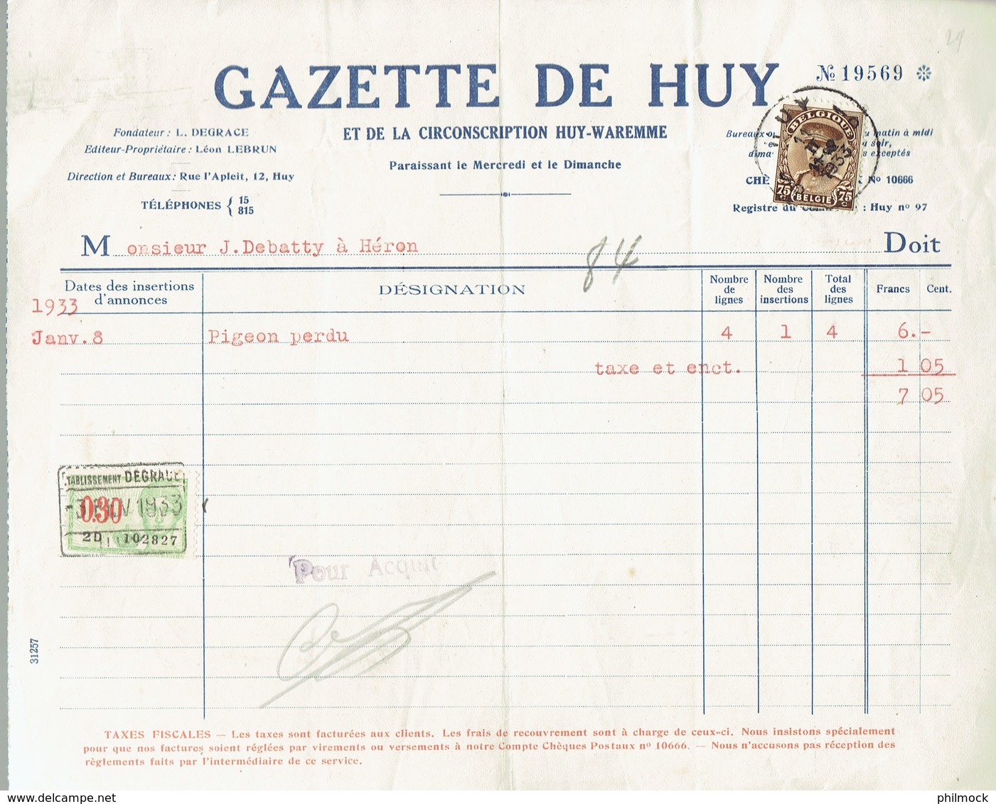 M-Document Gazette De Huy - Obli Huy 1D Hoei Le 11-II-1933 Vers Héron Sur 341 - Fiscaux - Printing & Stationeries