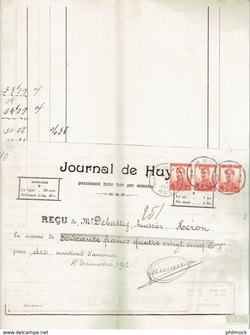 M-Facture Journal De Huy - Obli Huy 1D Hoei Le 9-I-1913 Vers Héron Sur 311x3 - Imprenta & Papelería