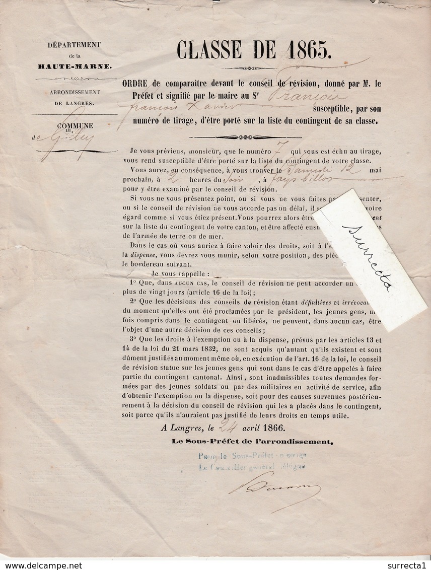 Ordre Comparaître Conseil Révision 1866 / Tirage Au Sort / François à Gilley 52 - Documents