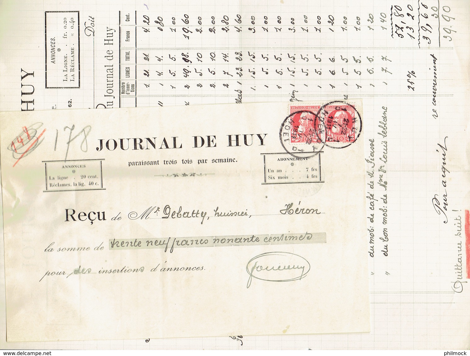 M-Facture Journal De Huy - Obli Huy 1D Hoei Le 7-IV-1911 Par Burdinne Vers Héron Sur 74x2 - Imprenta & Papelería