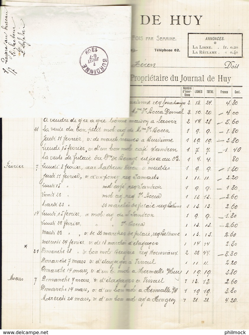 M-Facture Journal De Huy - Obli Huy (Nord) Le 6-Juillet-1909 Par Burdinne Vers Héron Sur Bande De 4 Du74 - Printing & Stationeries