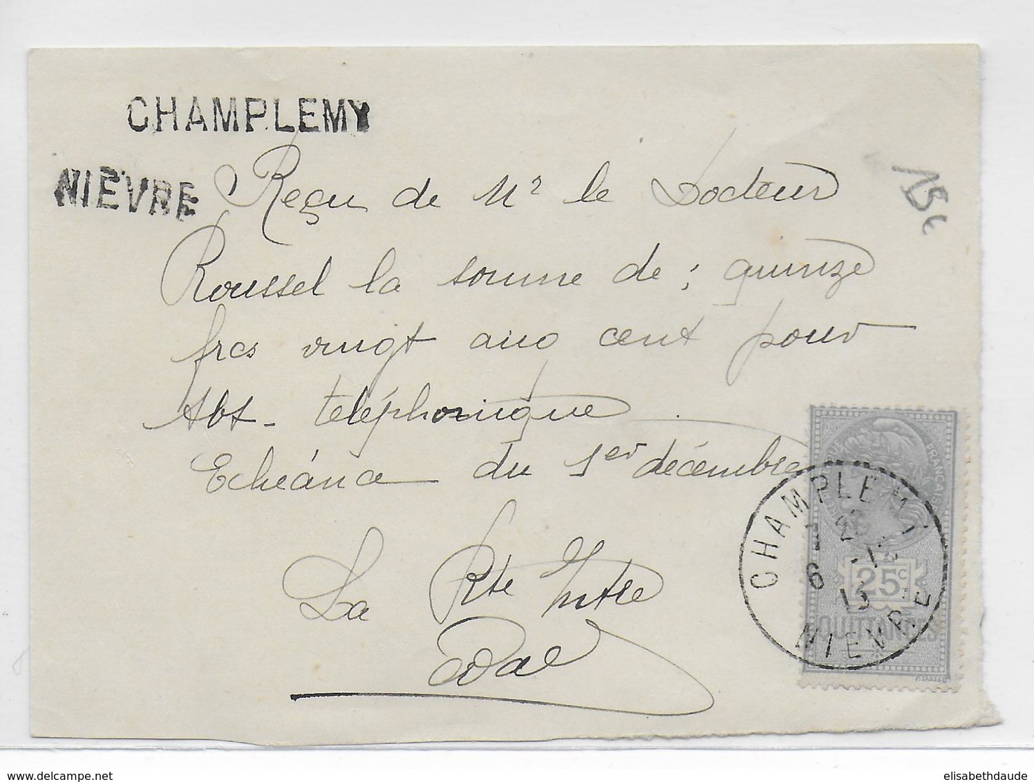 1913 - RECU Pour ABONNEMENT TELEPHONE De CHAMPLEMY (NIEVRE) Avec TIMBRE FISCAL De QUITTANCES - Cartas & Documentos