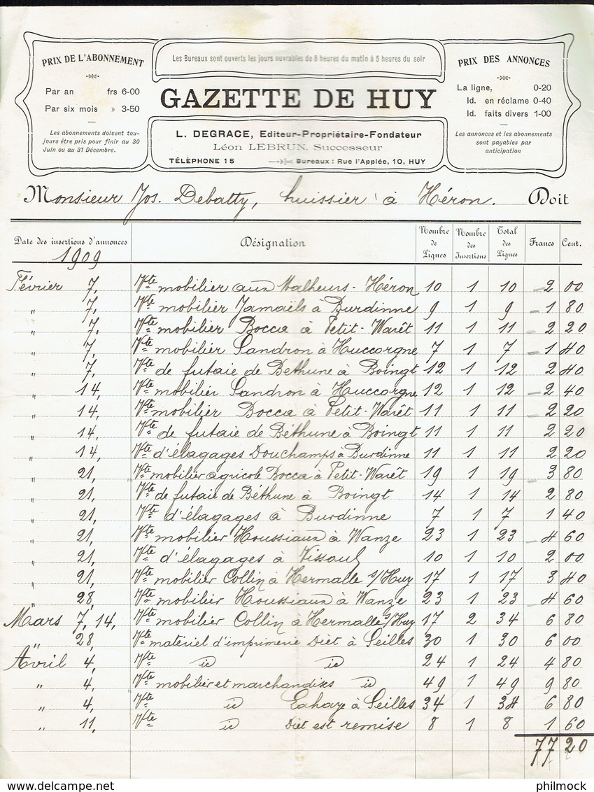 M-Facture Gazette De Huy - 7-Février 1909 - Héron Huissier Joseph Debatty - Imprimerie & Papeterie