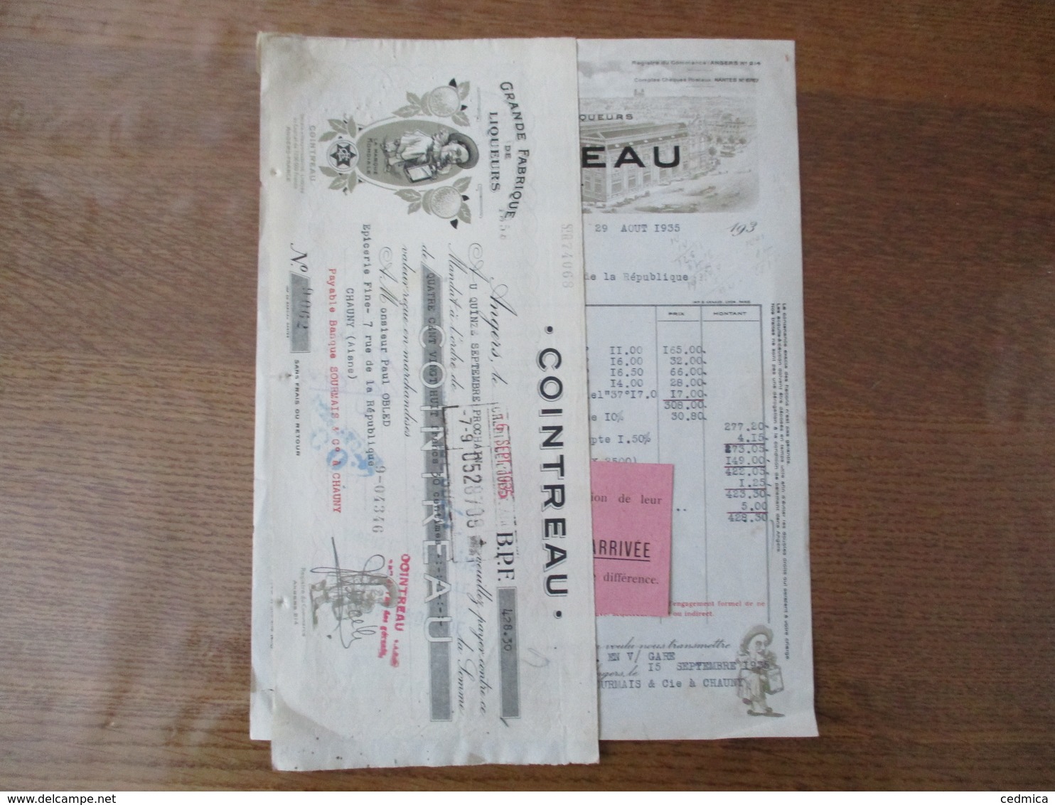 ANGERS COINTREAU GRANDE FABRIQUE DE LIQUEURS FACTURE ET TRAITE DU 29 AOUT 1935 - Invoices