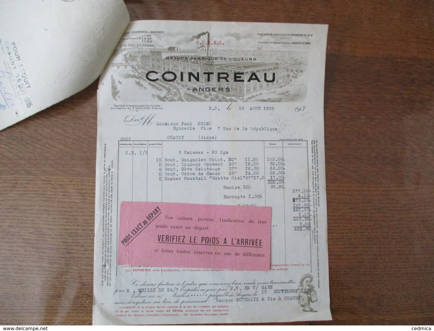 ANGERS COINTREAU GRANDE FABRIQUE DE LIQUEURS FACTURE ET TRAITE DU 29 AOUT 1935 - Invoices
