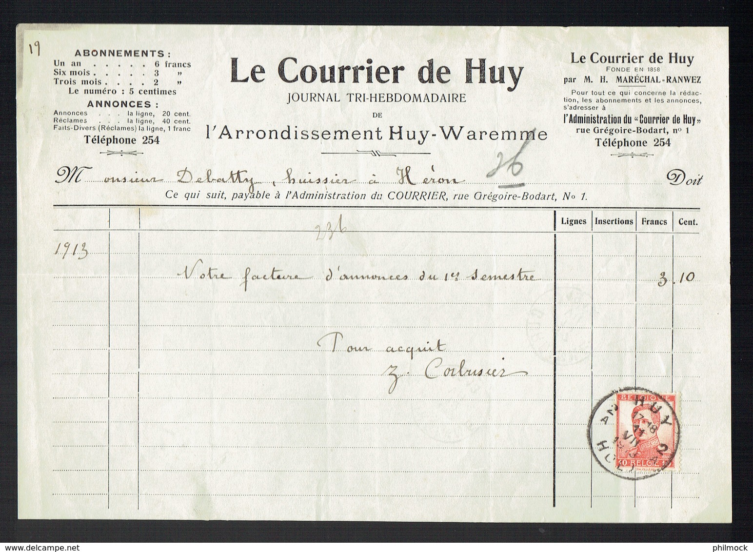 M-Facture Le Courrier De Huy - Obli Huy 2A Hoei Le 11-VII-1913 Par Burdinne Vers Héron Sur 118 - Printing & Stationeries
