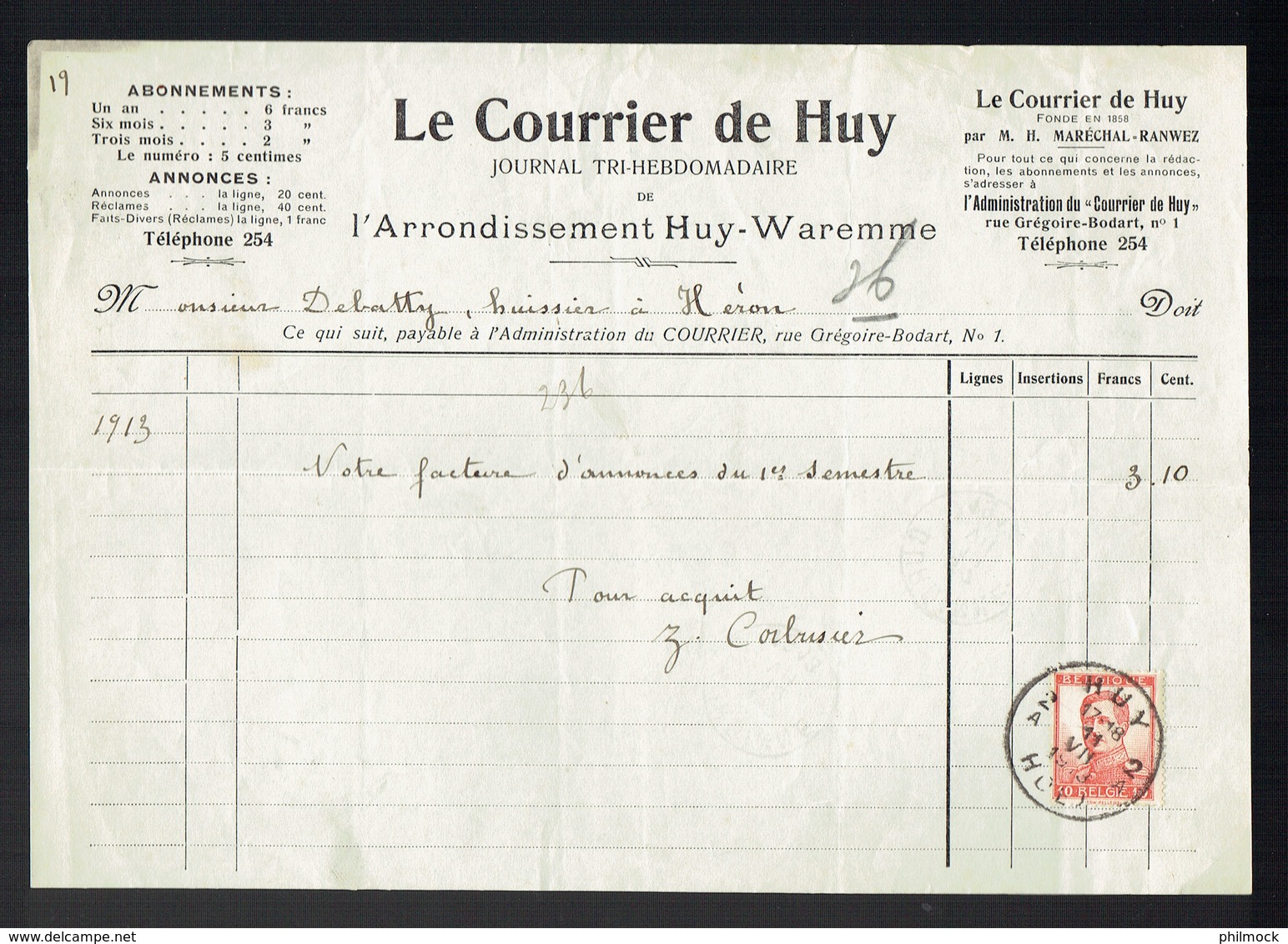 M-Facture Le Courrier De Huy - Obli Huy 2A Hoei Le 11-VII-1913 Par Burdinne Vers Héron Sur 118 - Imprimerie & Papeterie