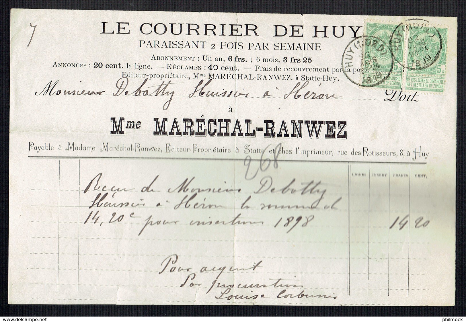 M-Facture Le Courrier De Huy - Obli Huy (Nord) Le 22-Mars-1899 Par Burdinne Vers Héron Sur 56x2 Avec Bandelettes - Imprenta & Papelería