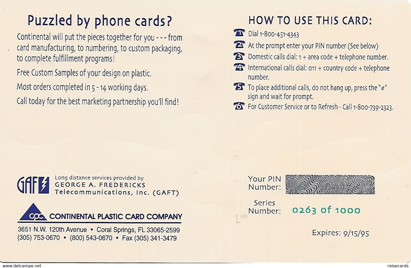 USA: Continental Plastic Card - TeleCard World '95 Exposition Los Angeles. JUMBO CARD - Sonstige & Ohne Zuordnung