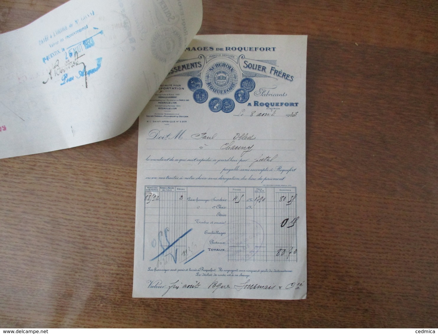 ROQUEFORT ETABLISSEMENTS SOLIER FRERES FROMAGES DE ROQUEFORT FACTURE ET TRAITE DU 8 AOUT 1933 - Invoices