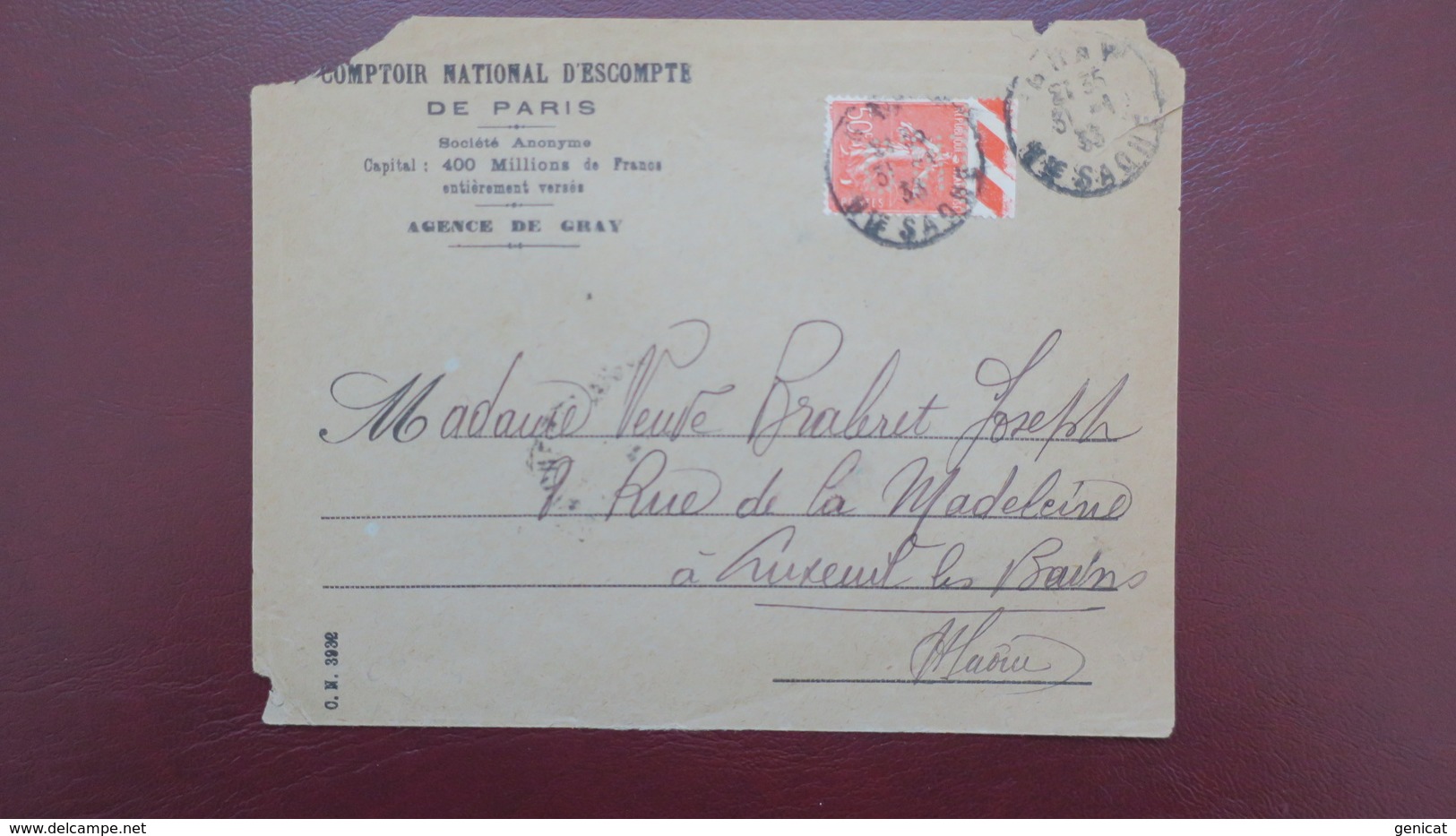 Lettre Perfore CN 304 Agence De Gray Haute Saone Comptoir National D'Escompte Type Semeuse 1933 - Autres & Non Classés
