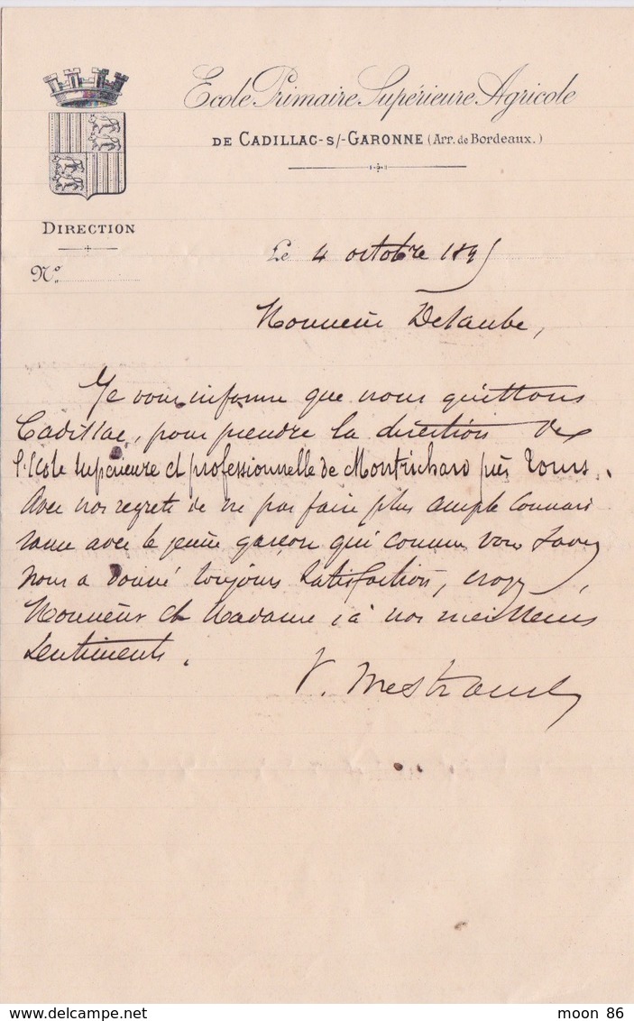 1895  - BLASON ECUSON DE L'ECOLE PRIMAIRE SUPERIEURE AGRICOLE DE CADILLAC SUR GARONNE ARRT BORDEAUX - Diplômes & Bulletins Scolaires
