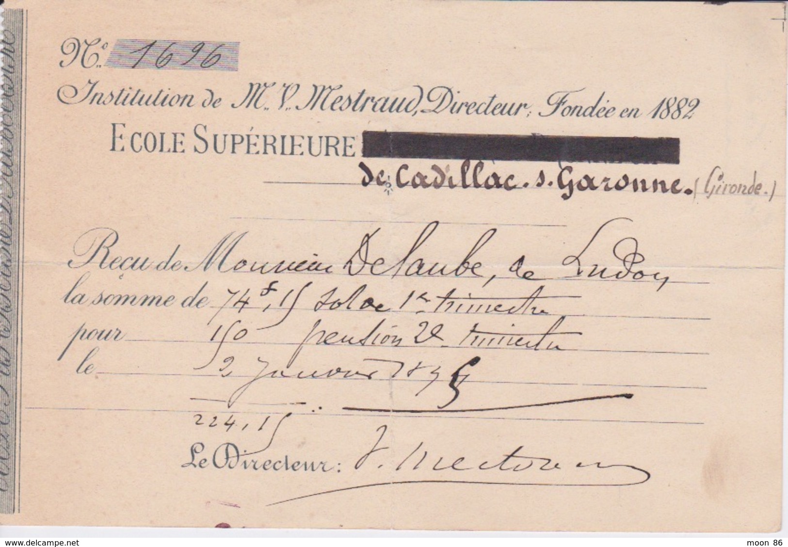 1895  - RECU  DE  L'ECOLE PRIMAIRE SUPERIEURE AGRICOLE DE CADILLAC ANCIENNEMENT MONTIGNAC INSTITUT MESTRAUD  FONDEE 1882 - Diplômes & Bulletins Scolaires