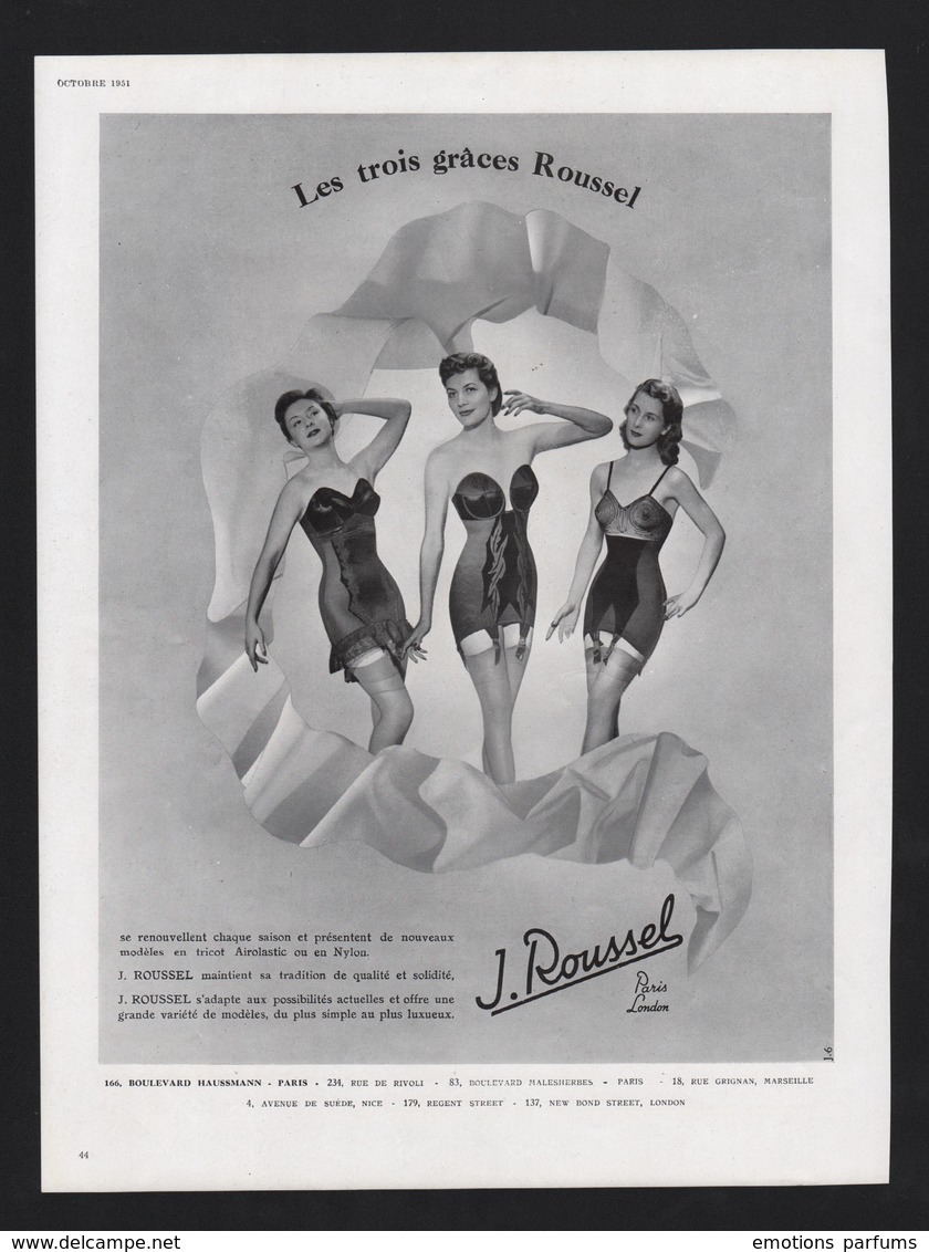 Pub Papier 1951 Sous Vetement ROUSSEL Lingerie Bas Soutien Gorge Gaine Jarretelle Femme Pin Up - Advertising