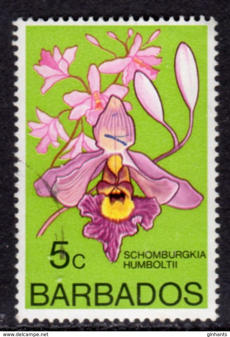 BARBADOS - 1974 5c ORCHID STAMP WMK W12 SIDEWAYS FINE USED REF A SG 489 - Barbades (1966-...)