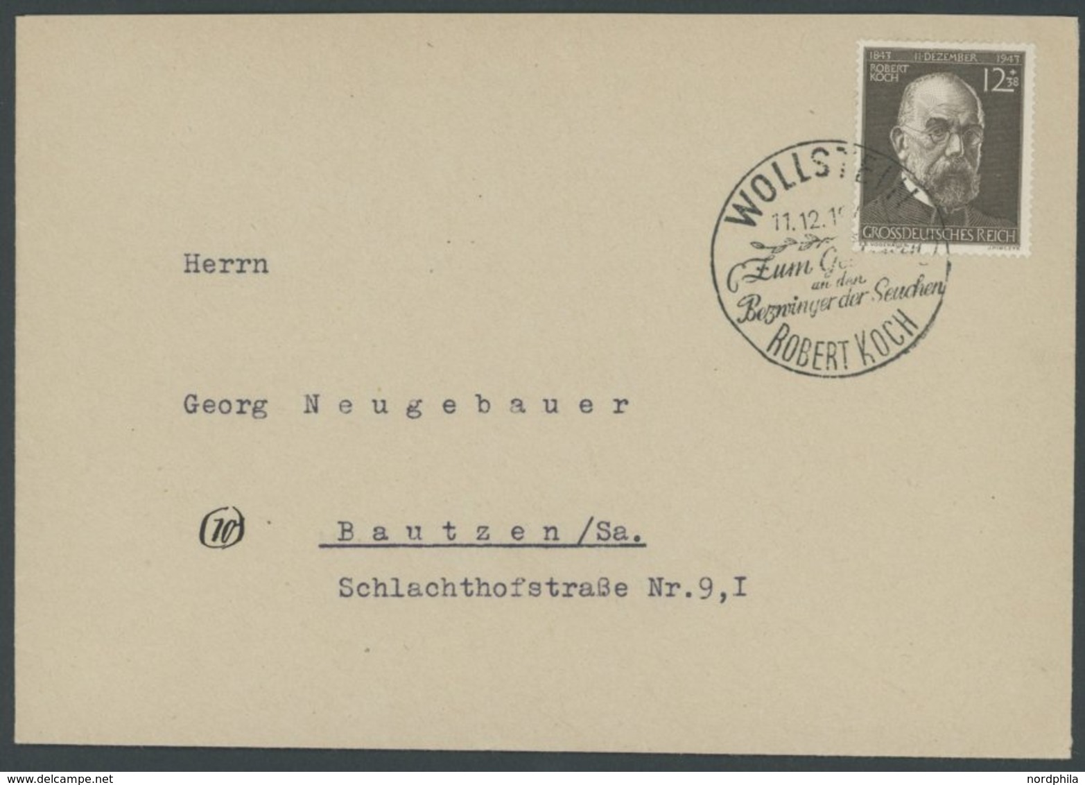 Dt. Reich 864 BRIEF, 1943, 12 Pf. Prof. Robert Koch Mit Sonderstempel WOLLSTEIN 11.12.43, Pracht - Sonstige & Ohne Zuordnung