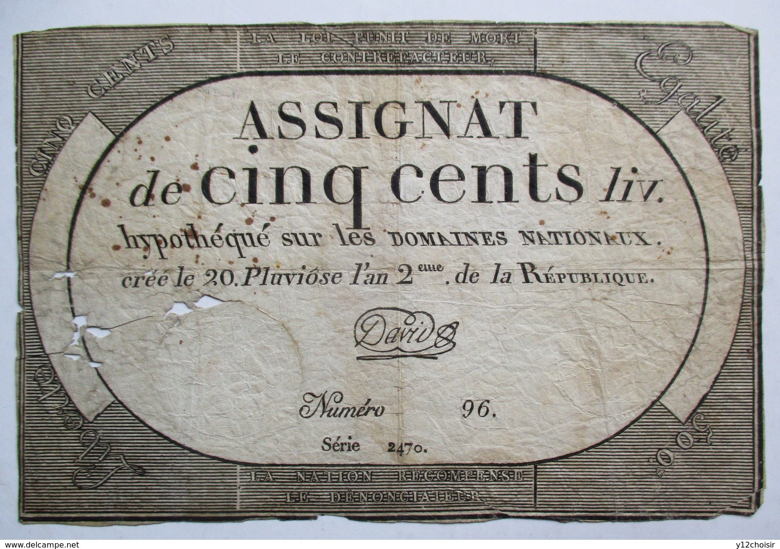 ASSIGNAT DE CINQ CENTS 500 LIV. N° 96 SERIE 2470  20 PLUVIOSE L AN 2  FEVRIER 1794 SIGNE DAVID - Assignats