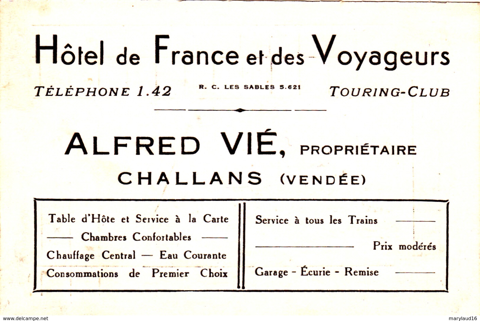 Note Hôtel De France Et Des Voyageurs - Alfred Vié - Challans (Vendée) - Années 30 - 1900 – 1949