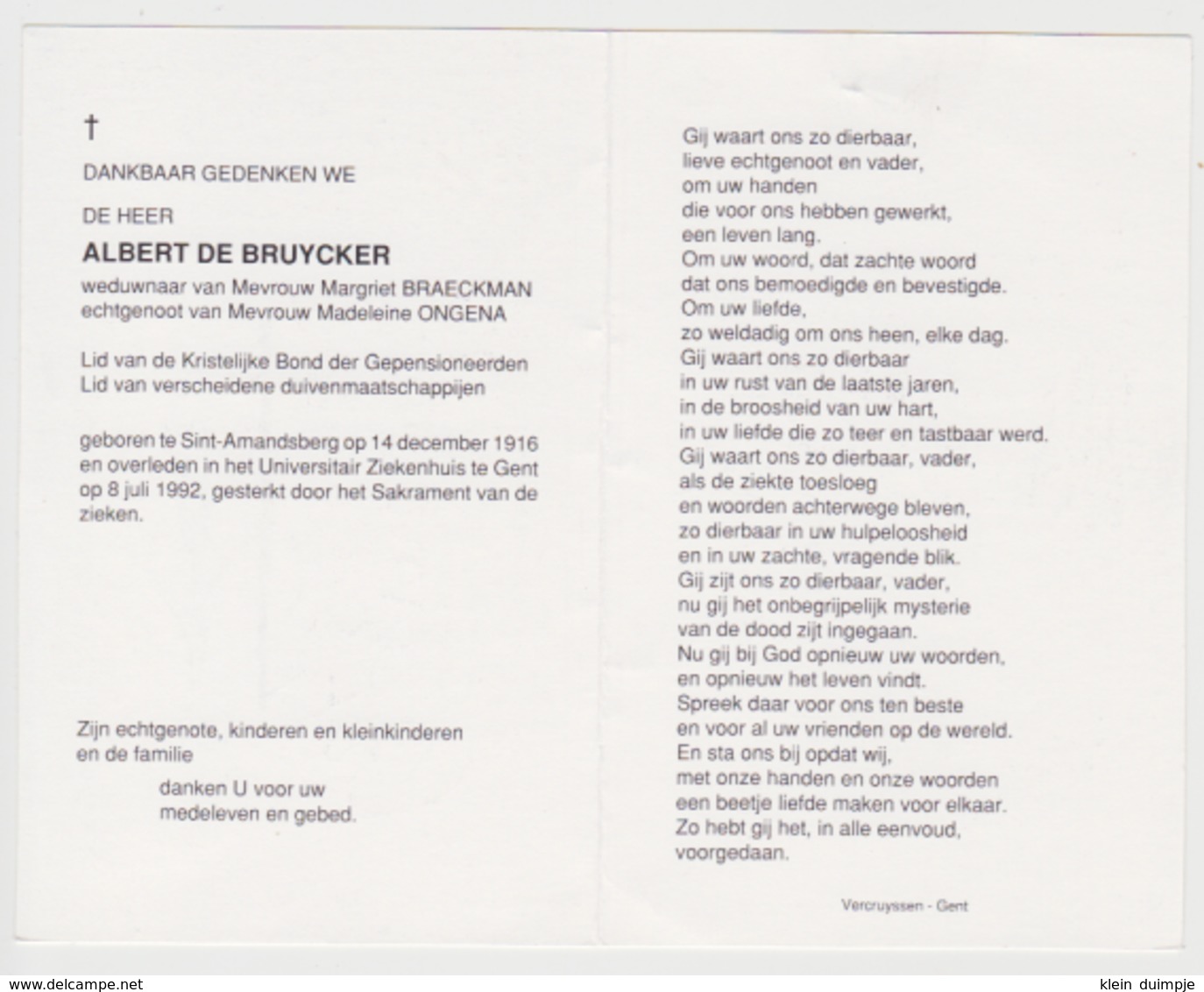 Doodsprentje Albert De Bruycker. °Sint-Amandsberg, +Gent. Wed. Braeckman, Echtgen. Ongena. - Obituary Notices