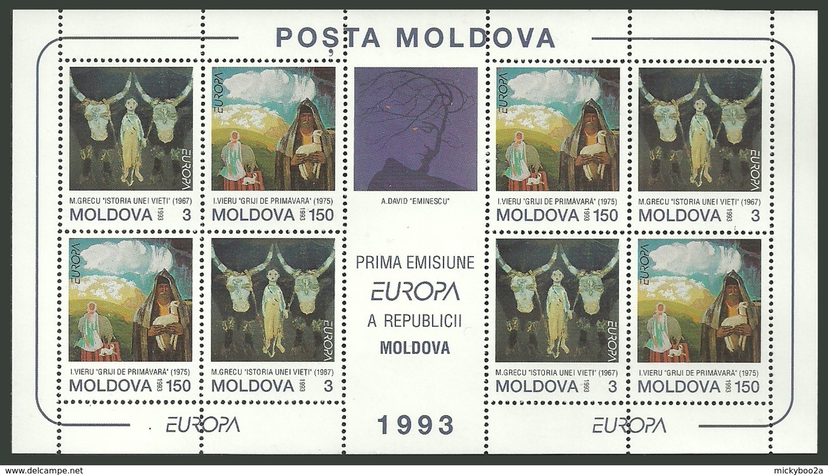 MOLDOVA 1993 EUROPA ART PAINTINGS SHEEP CATTLE M/SHEET MNH - Moldova