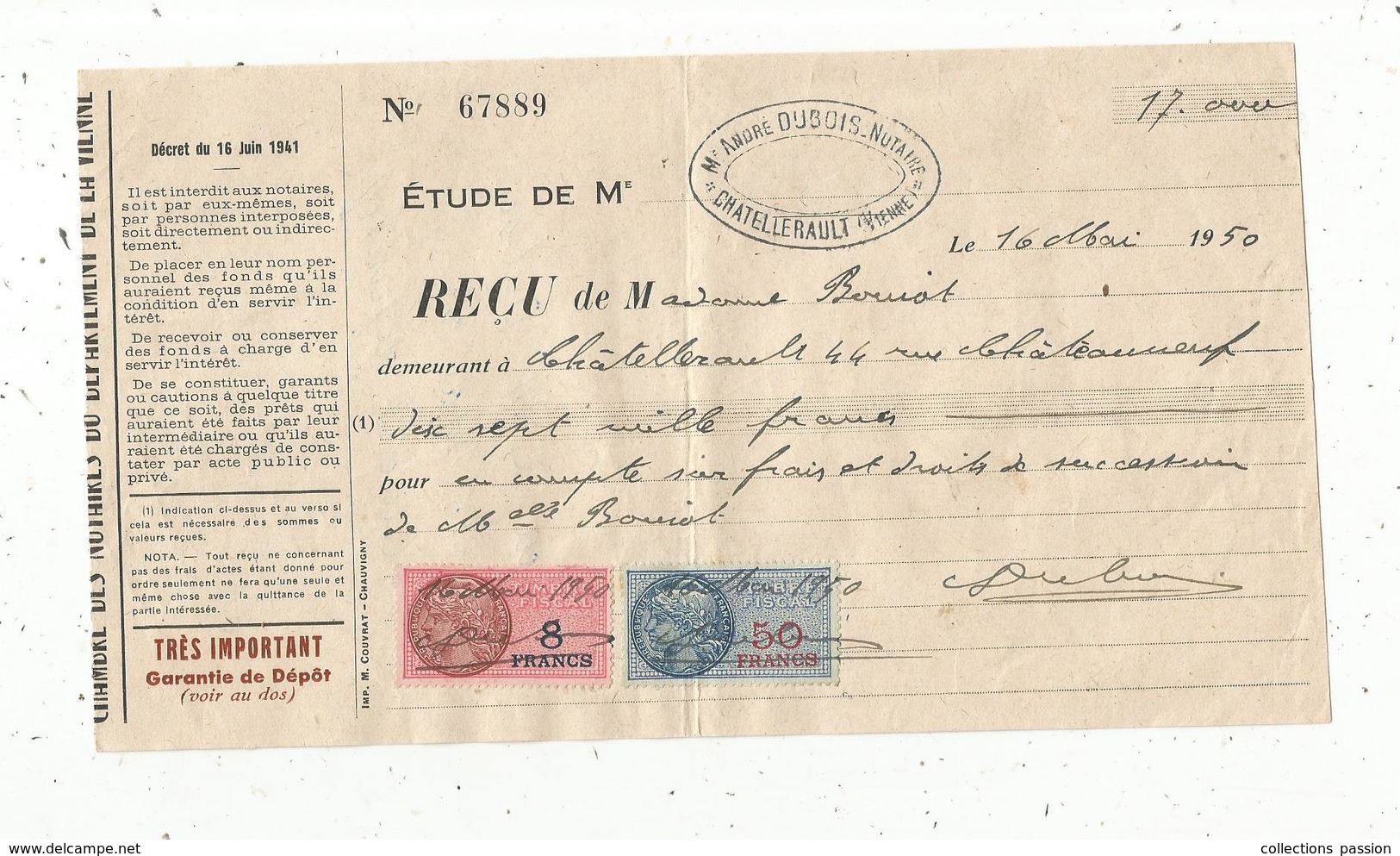 Reçu , étude De Me André Dubois,notaire, à CHATELLERAULT,  1950 , Timbré  8 Et 50 Francs , Frais Fr 1.55 E - 1950 - ...