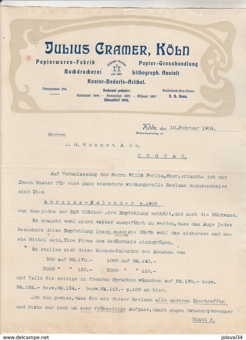 Allemagne Facture Lettre Illustrée 10/2/1904 Julius CRAMER Papier KÖLN - 1900 – 1949