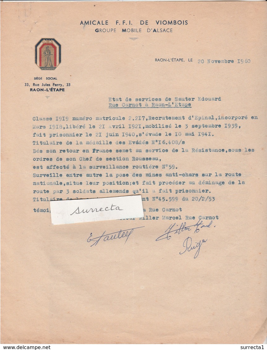 Courrier (x 2) GMA Groupe Mobile Alsace / FFI Viombois 88 / Demande Citation Résistance SAUTER Raon L'Etape 88 - 1939-45