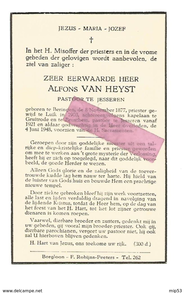 P 817. E.H. ALFONS VAN HEYST - °BERINGEN 1877 / LUIK / GRUITRODE / BRUSTEM / JESSEREN En Aldaar + 1948 - Images Religieuses