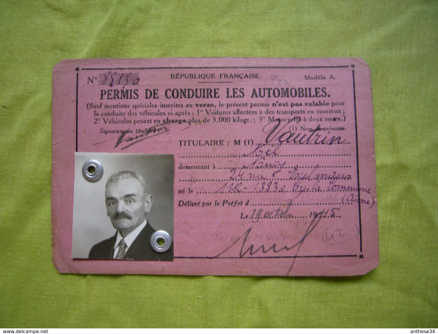 Permis De Conduire 1945 Appartenant à Noël Vautrin - Sin Clasificación