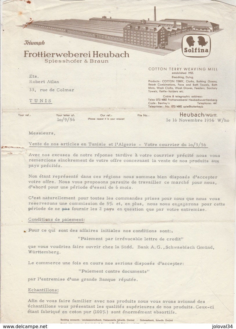 Allemagne Facture Lettre Illustrée N° 1 Du 16/11/1956 Spiesshofer & Braun Frottierweberei HEUBACH - Tissu éponge SOLFINA - 1950 - ...