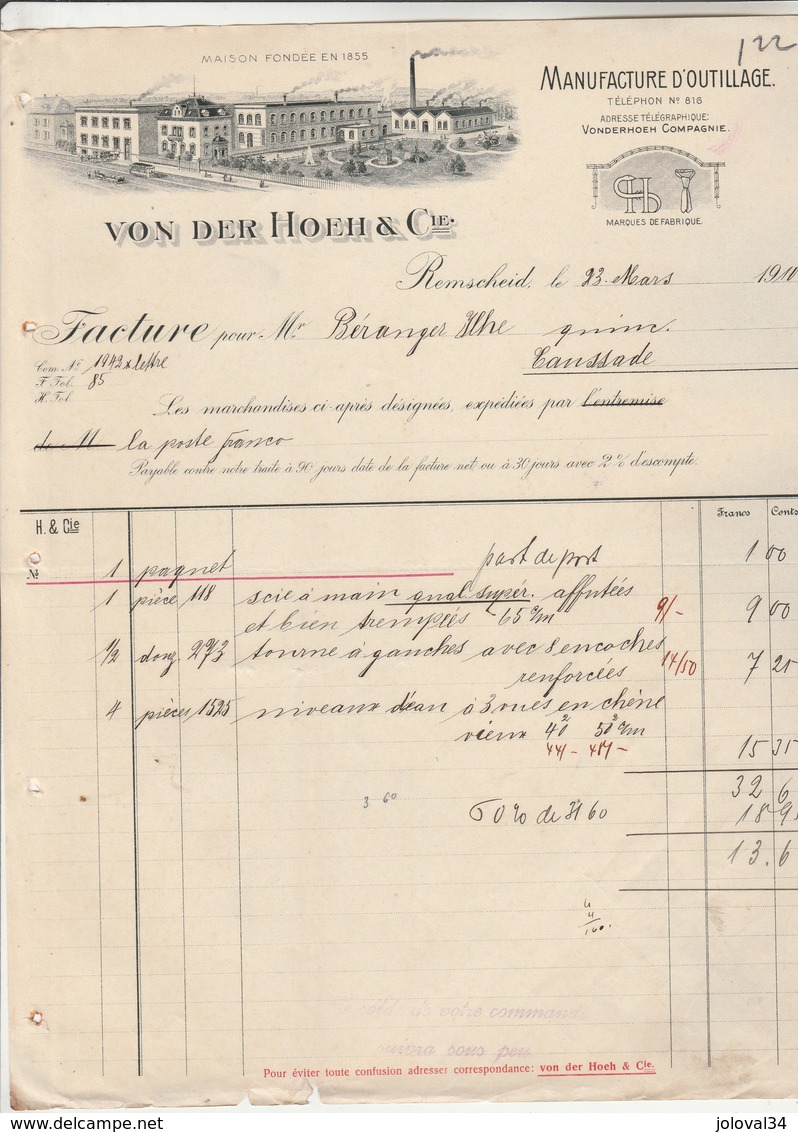 Allemagne Facture Illustrée 23/3/1910 VON DER HOEH Manufacture Outillage REMSCHEID à Béranger Caussade - 1900 – 1949