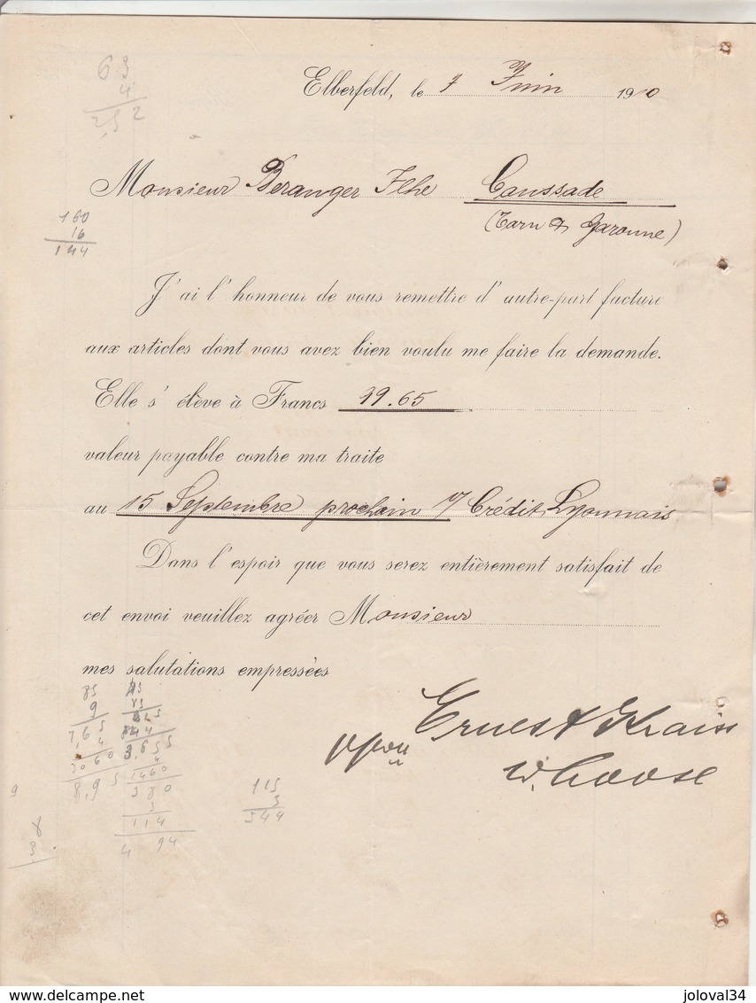 Allemagne Facture Illustrée 4 Pages 7/6/1910 Ernest KRAISS Outillage ELBERFELD à Béranger Ihle Caussade - 1900 – 1949
