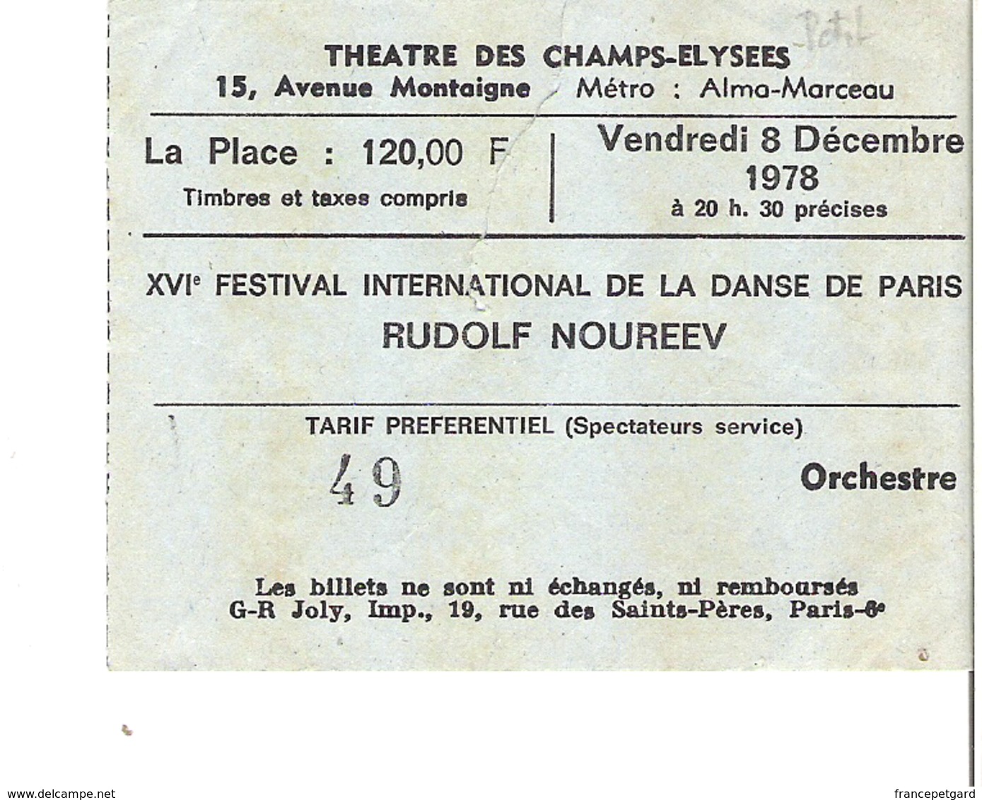 RUDOLF NOUREEV Théâtre Des Champs Elysées 1978 - Tickets - Entradas