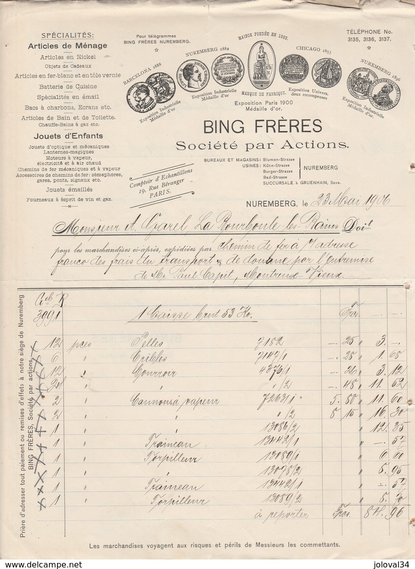 Allemagne Facture Illustrée 4 Pages 23/5/1906 BING Frères Articles De Ménage, Jouets NUREMBERG - 1900 – 1949