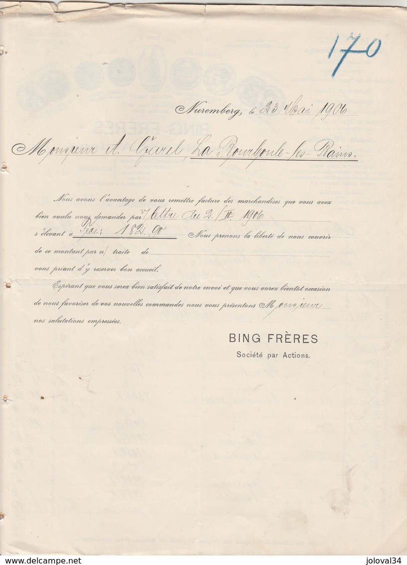 Allemagne Facture Illustrée 4 Pages 23/5/1906 BING Frères Articles De Ménage, Jouets NUREMBERG - 1900 – 1949