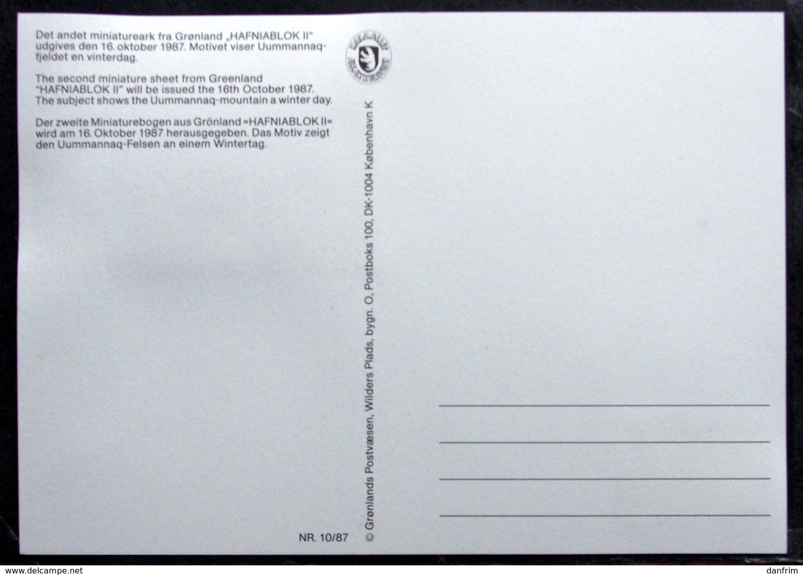 Greenland 1987     MiNr.178 Block 2    CARDS Frimærker I Forum 16-10-1987  ( Lot 6631) - Cartas & Documentos