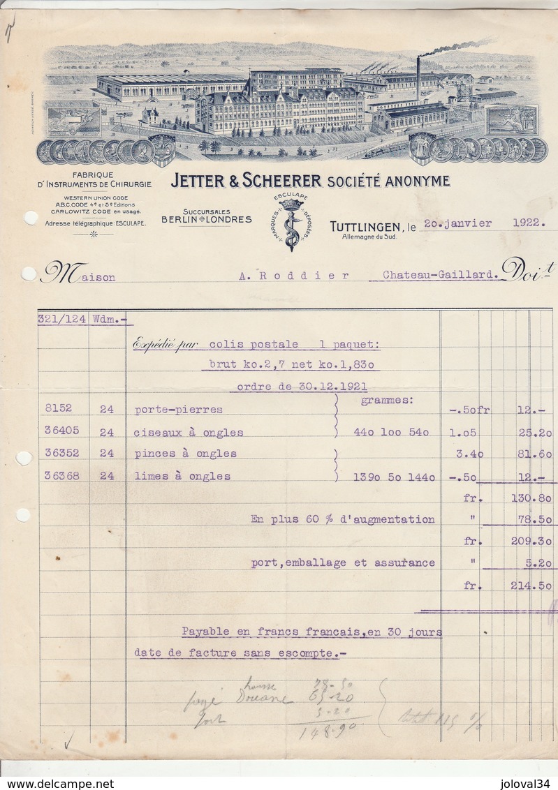 Allemagne Facture Illustrée 20/1/1922 JETTER & SCHEERER Fabrique Instruments De Chirurgie TUTTLINGEN - 1900 – 1949