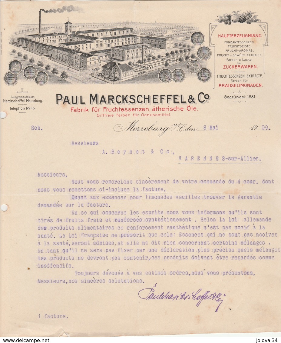 Allemagne Facture Lettre Illustrée 08/05/1909 Paul MARCKSCHEFFEL Essences & Esprits De Fruits MERSEBURG - 1900 – 1949